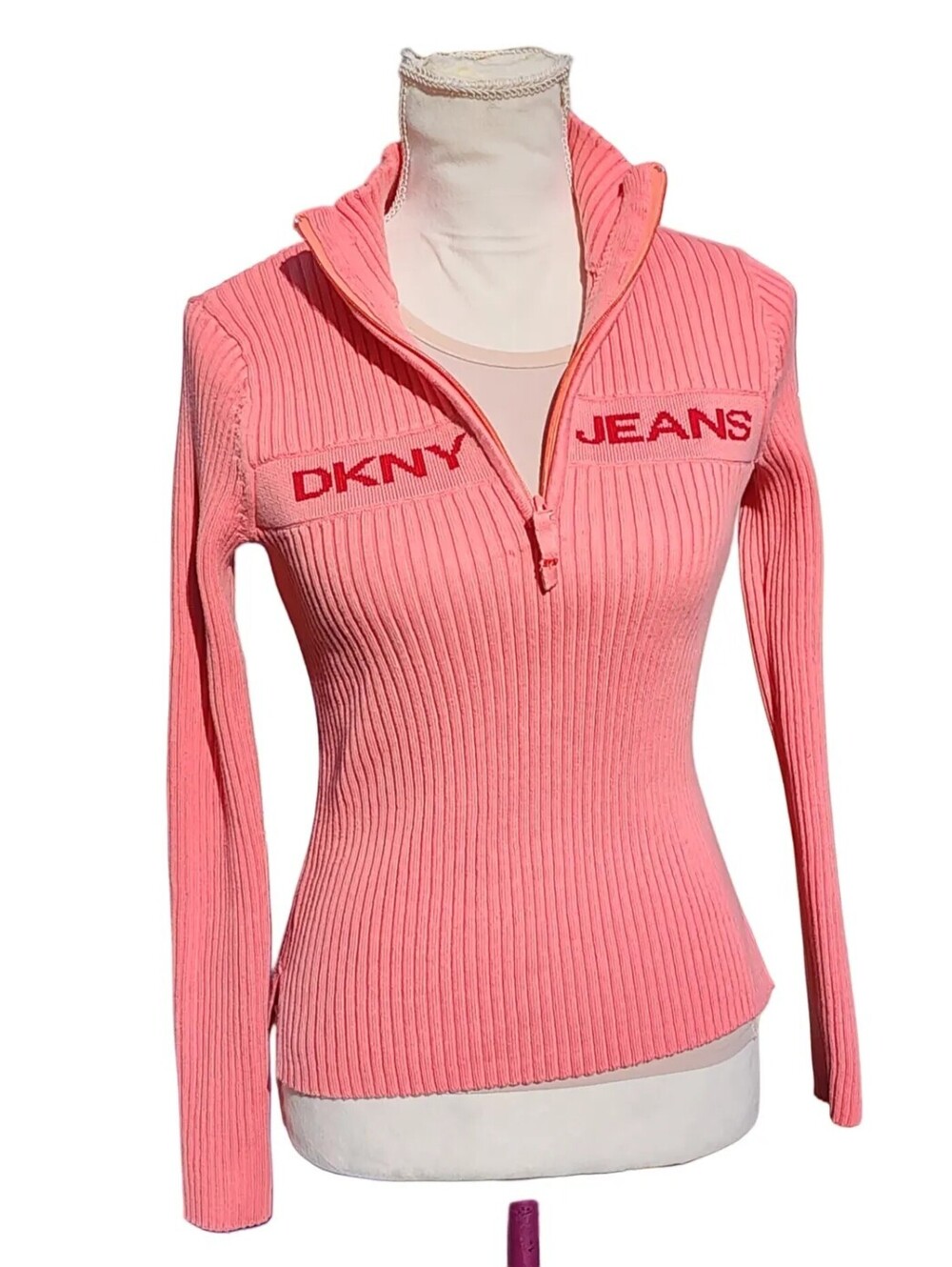 Vintage Y2K DKNY Jeans Ribbed Sweater Pink Red Logo Quarter Zip NWOT M